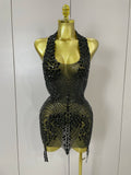 Sexy Sparkly Rhinestones Halter Backless Mesh Velour Short Dress Women Evening Prom Celebrate Birthday Party Stage Wear