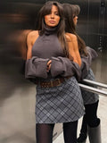 Women's Ribbed Knit Turtleneck Cutout Shoulder Halter Vest Long-Sleeved Shawl 2-Piece Set Slim Y2K Sexy Street Autumn Top