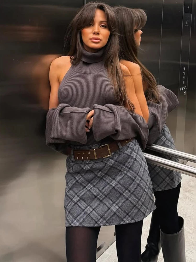Women's Ribbed Knit Turtleneck Cutout Shoulder Halter Vest Long-Sleeved Shawl 2-Piece Set Slim Y2K Sexy Street Autumn Top