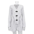 Striped Two Piece Set for Women V Neck Long Sleeve Spliced Button Coat High Waist Shorts Chic Sets Female