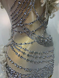Women Sexy Sparkly Rhinestones One Shoulder Mesh See Through Mini Dress Celebrate Birthday Evening Party DJ Nightclub Stage Wear