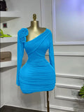 Women Long Sleeve Floral Applique Skew Collar Stacked Ruched Bodycon Midi Dress Vacation Holiday Party Birthday Dresses