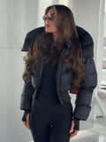 Trendy Solid Hooded Zip Snap Button Short Puffer Jacket Women Slim Fit Cropped Outerwear Winter Casual Street Daily Holiday Wear