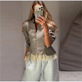 Spliced Lace Hem Jacket Elegant Long Sleeve V-neck Waisted Contrast Lace Bottom Design Casual Coat Autumn Fashion Retro Jackets