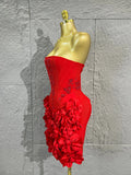 Strapless Corset Bandage Mini DressWomen Hand Beaded 3D Floral Bodycon ShortCocktail Party Wedding Guest Evening Dress
