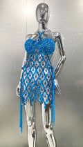 Women's Two-piece Peacock Blue Sequined Rhinestone Tube Top Halter Sheer Dress Fashion Hot Party Stage Performance Evening Gown