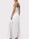Fashion Sweetheart Spaghetti Strap Maxi Dress for Women Solid Fringe Floor Length Bodycon Back Zipper for Evening Party Club