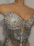 Women Sparkly Diamond Tassel Silver Strapless Mesh See Through Dress Latin Dance Bar Nightclub Party Club Dancer Stage Wear