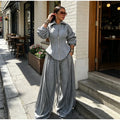 Grey Long Sleeve 2 Piece Outfit Chic Lapel Zip Slim Top Long Fringe Wide Leg Pants 2026 Autumn Women Casual Lady Matching Set