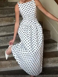 French Elegant Dot Print Mid Dress for Women Square Collar Sleeveless Temperament Date Night Dresses Female Summer
