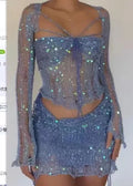 Glitter Sequins Knitted Skirt Sets Women 3 Piece Outfit Vacation Festival Clothing Sheer Top and Mini Skirt Matching Sets