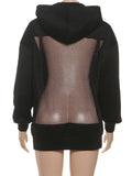 Harajuku Hooded Sweatshirt Women Autumn Trend Backless Glitter Mesh Patchwork Casual Streetwear Hipster Pulloverr