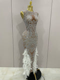 Women Sparkly Rhinestone Feathers Sleeveless O Neck Bodycon Long Dress Wedding Guest Gowns Luxury Birthday Evening Party Dress