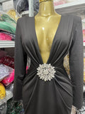 Black, Red And White Pleated Rhinestone Decorated One-Shoulder Long-Sleeved Waist-Cinching Long Fitted Dress, Party And Birthday