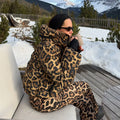 Women Leopard Print Hooded Ski Suit Set Waterproof Windproof Snow Jacket Pants Two Piece Outfit Winter Snowboard Skiing Costume