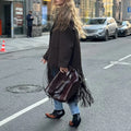Solid Spliced Tassel Coat for Women Lapel Long Sleeve High Waist Temperament Minimalist Trench Female Fashion New