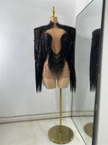 Sexy Mesh See Through Rhinestones Two Pieces Dress Coat Sets Women Sparkly Tassels Performance Singer Dancer Stage Costume
