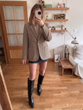 Vintage Notched Collar Blazer Women Single Button Long Sleeve Patch Pocket Check Coats Luxury Winter Fall Elegant Outerwear