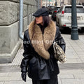 Luxury Fashion Design Black Long Faux Leather Coat Women Detachable Fur Collar Oversized PU Leather Jacket Blazer