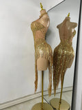 Sparkly Rhinestones Pearls Women Sexy Sleeveless High Split Mesh See Through Birthday Dress Nightclub Party Performance Costume