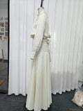 Elegant Chic Apricot Two Piece Set for Women Scarf Collar Puff Sleeve Blouse Midi Waist Flowy Skirt for Office Formal Events