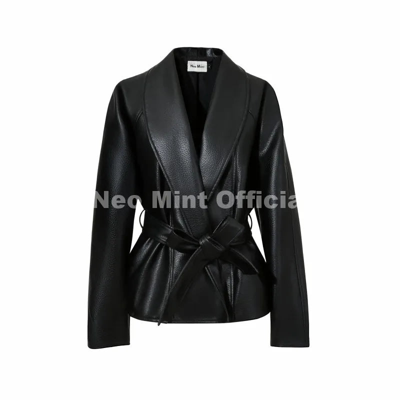 Trendy 2026 Black Shawl Collar Faux Leather Coat Women Autumn Belted Coat  Brand Hot Fashion Girls PU Leather Jackets