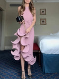 Sexy Spliced Ruffled Hem Midi Dress for Women Halter Sleeveless High Waist Patchwork Lace Up Slim Dresses Female