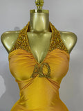 Women Sexy Gold Stretch Bodysuit Sparkly Rhinestone Birthday Party Nightclub Bar Dancer DJ Performance Photoshoot Stage Costume