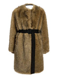 Street Crew Neck Faux Fur Midi Coat Long Sleeve Loose Winter Jacket with Adjustable Fabric Waist Belt Side Pockets for Daily
