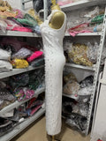 Sexy White Dress With a One-Shoulder Collar, Flower And Pearl Decoration, Tight Bandage And Long Dress For Evening Wear