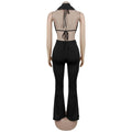 Women's Ruched Pant Set Brown Halter Crop Top And Flared Trouser Two-Piece Set Elegant V-neck Design Cut-Out Club Outfits