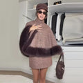 Women Plaid Fur Trim Cape Mini Skirt Set High Neck Checkered Shawl Coat Short Skirt Two Piece Outfit 2026 Autumn Elegant Suit