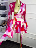 Women Tie Dye Print Flare Long Sleeve Wrap V-neck with Sashes Ruffle Dress 2026 Elegant Vacation Party Birthday Dresses