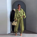 Casual Loose Coats Pants Set Women Full Sleeve Lapel Zippers Solid Coat Long Straight Pleated Pant Sets 2026 Autumn Lady Suit