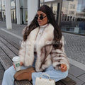 2026 Winter Exclusive Striped Faux Fur Jacket Women Overcoat Brand Blogger Fashion Fluffy Fox Fur Collar Coat Outerwear