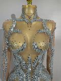 Sparkly Rhinestones Sexy Mesh Transparent Mini Dress Eveing Birthday Party Dance Nightclub Fashion Show Stage Costumes