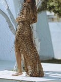 Sexy Chiffon Leopard Printing Dress for Women V Neck Long Sleeve Patchwork Lace Up Split Evening Club Maxi Dresses