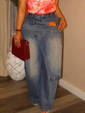 Women Wide Leg Jeans Asymmetric Deconstruct PU Patch Washed Loose Trendy Streetwear Fashion Autumn