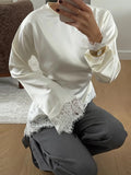 Women Lace Patchwork Satin Top Solid O-neck Back Lace Up Slim Irregular T-shirts Pullover Female Spring Daily Casual Outwear