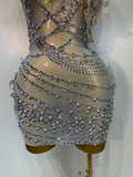 Women Sexy Sparkly Rhinestones One Shoulder Mesh See Through Mini Dress Celebrate Birthday Evening Party DJ Nightclub Stage Wear
