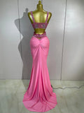 Luxury Birthday Evening Party Set Sparkly Rhinestone Pink Sexy Sleeveless Long Dress Two Pieces Nightclub Party Club Stage Wear