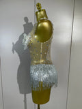Women Sexy Mesh See Through Performance Leotard Dance Singer Show Stage Wear Luxury Sparkly Rhinestone Flower Tassels Bodysuit