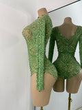 Sparkly Rhinestones Luxury Women Strecht Bodycon Sexy Long Sleeves Singer Performance Stage Nightclub Outfit Dancer Costume