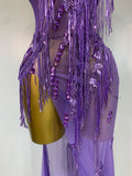 Women Sexy Strapless Purple Rhinestone Tassels Maxi Long Dress Birthday Photo Shoot Bar Nightclub Stage Performance Outfit