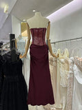 Luxury Strapless Corset Mermaid Maxi Dress for Women Lace Bodice Satin Ruched Skirt for Formal Evening Party Prom Long Gown
