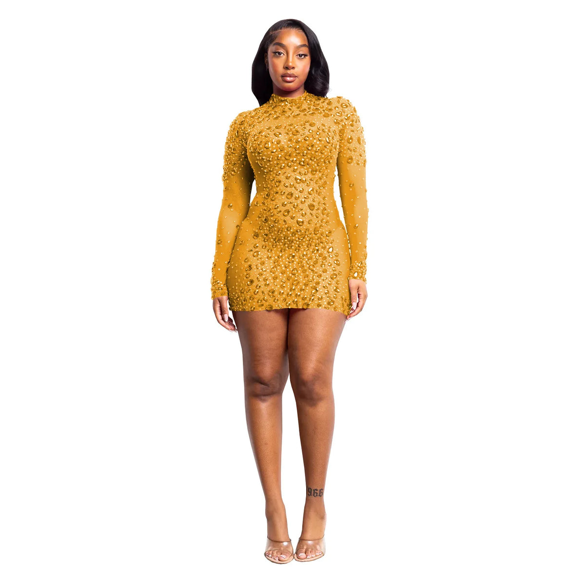 Women Sexy Long Sleeve Diamond Mesh Bodycon Night Out Dress Birthday Party Costume Bar Nightclub Stage Performance Clothing