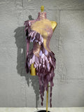 Women Sexy Purple Leaf Sequins Mesh One-Shoulder Tassel Dance Costume Suitable for Competition Performance Cocktail Party Dancew