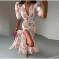 Elegant Women's Printed Pleated Dress Slim Short Bubble Sleeve V-neck Split Dresses 2026 Spring Summer Lady Fashion Holiday Robe