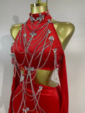 2025 Women Sparkly Diamonds Tassels Chain Balck Sexy Halter Backless Long Dress Evening Birthday Party Celebrate Stage Costume