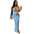 Women Sexy Strapless Cutout Maxi Dress Gold Metal Ring Decor High Waist Side Slit Bodycon Long Dress Clubwear Night Vestido